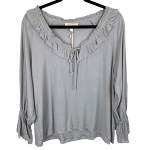 Grade & Gather sz M NWOT Light Stone Grey Boho Gauzy Ruffle Peasant Blouse